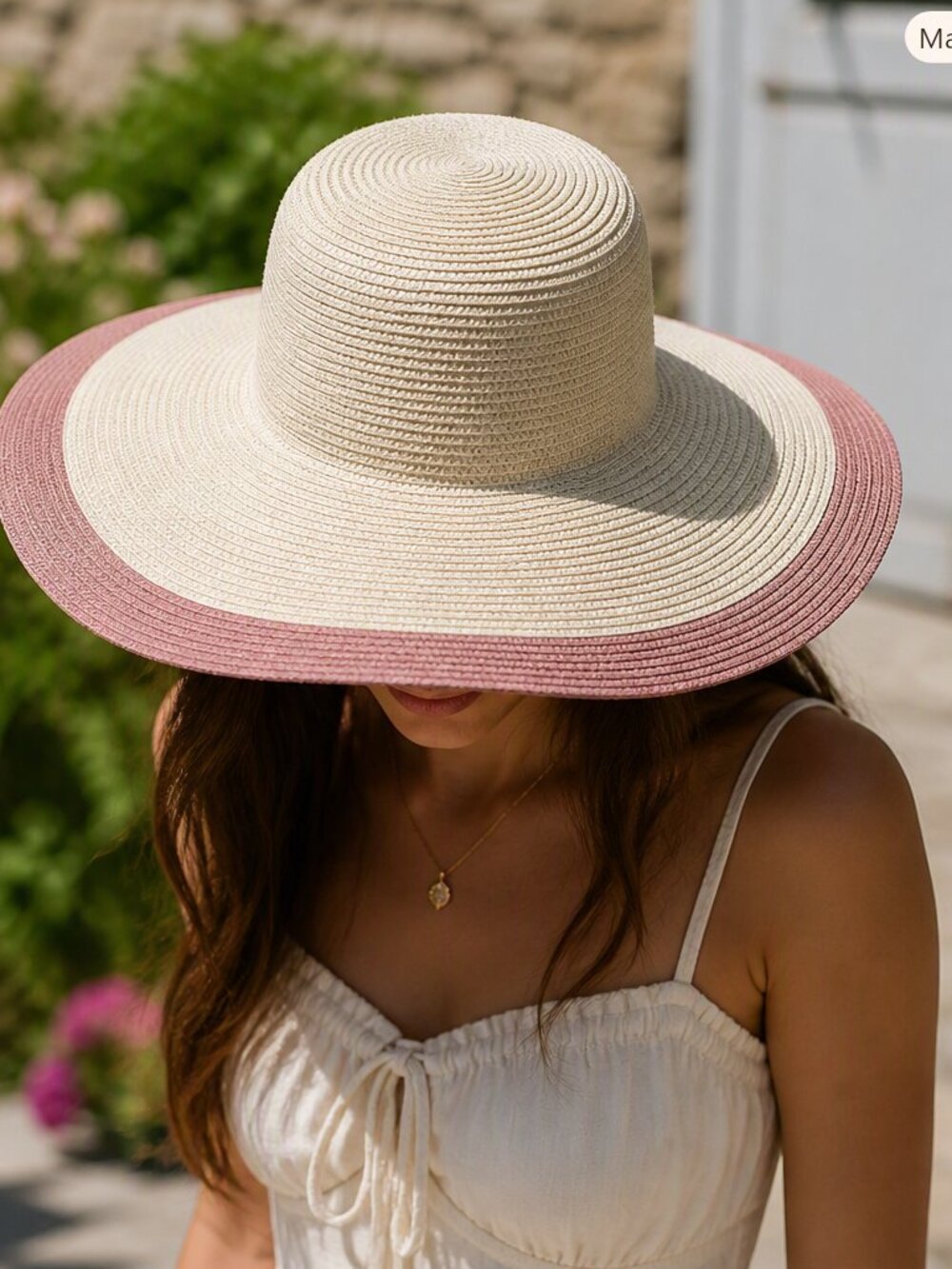 Ardene Wide-Brim Straw Hat in Natural and mauve trim